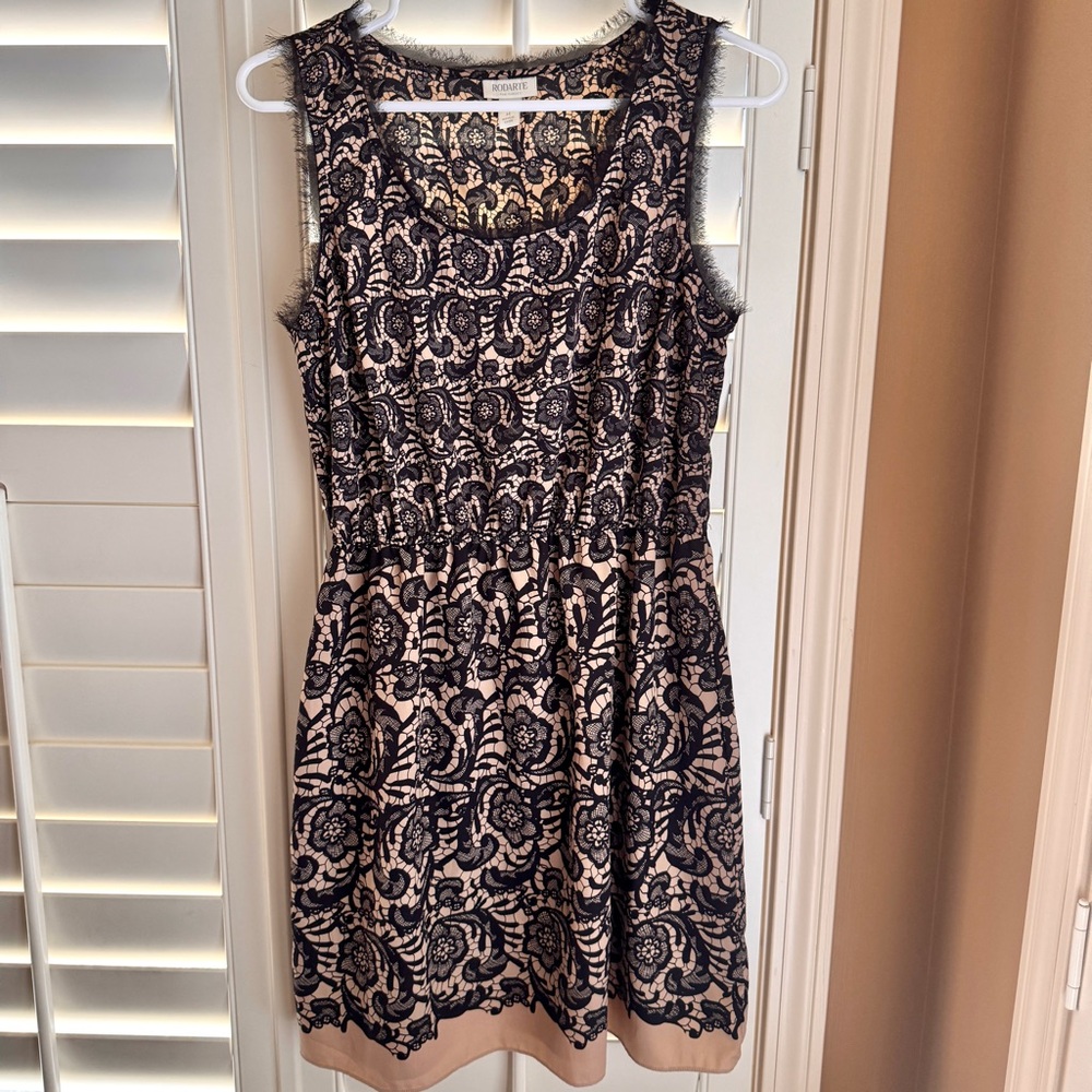 Rodarte for Target Black Floral Lace Print Dress Gothic Eyelash Trim Tan Size M
